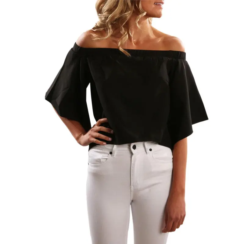 Slash Shoulder Irregular Top Women Chiffon Blouses Candy Color Plus Size Sexy Casual Flare Sleeve Woman Shirt Gv238 9