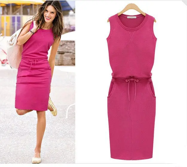Sleeveless Belted Pencil Dress – Knee-Length Casual Vest Dress with Pockets