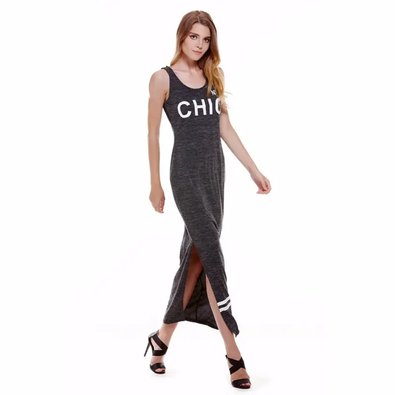 Sleeveless Dresses Letter Print Sexy Slim Dresses Sheath Side Split Women Dresses Vestidos Robes 1
