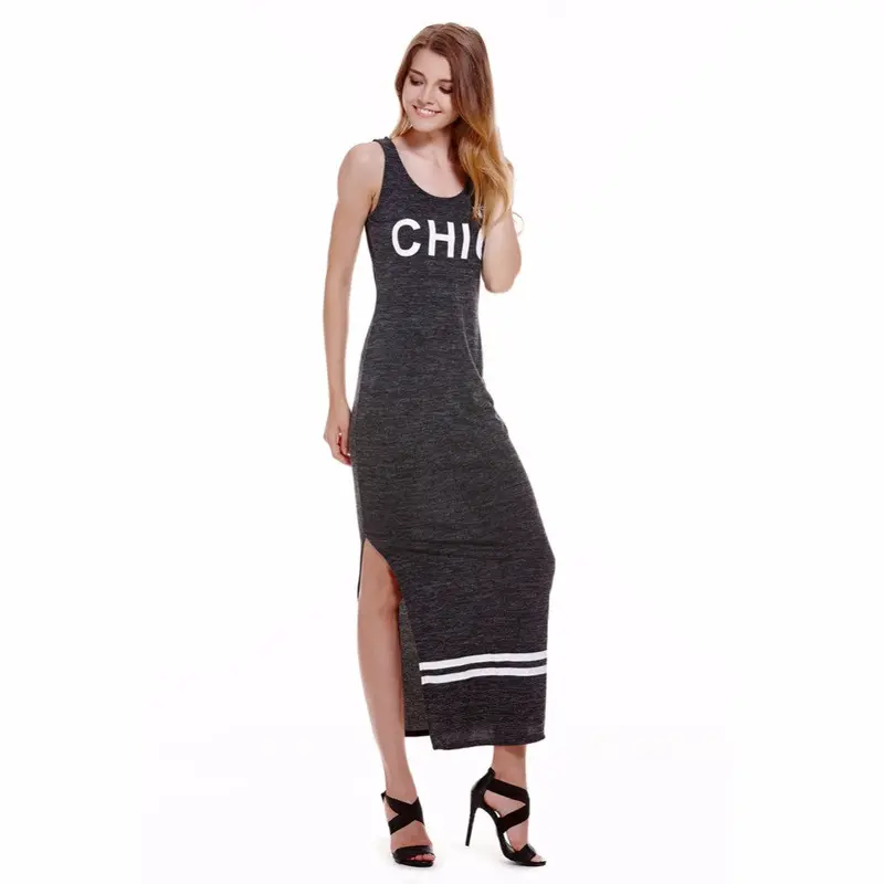 Sleeveless Dresses Letter Print Sexy Slim Dresses Sheath Side Split Women Dresses Vestidos Robes 3