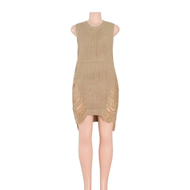 Sleeveless Ripped Tassel Sweater Dress Loose Knitted Sweater Women Sexy Destroyed Pull Femme Jumpers 1
