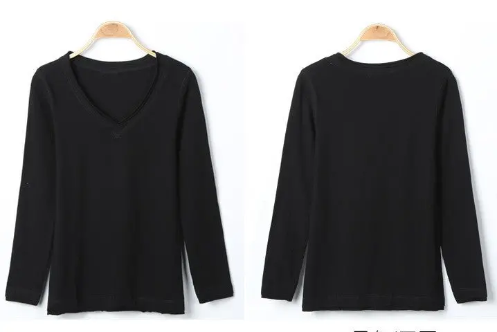 Slim Basic T Shirts Oversized Cotton Women T Shirt Sexy V Neck Long Sleeve Basic Top Lady Casual Solid Tee Shirts Xxl 1