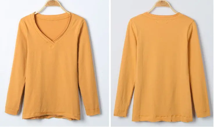 Slim Basic T Shirts Oversized Cotton Women T Shirt Sexy V Neck Long Sleeve Basic Top Lady Casual Solid Tee Shirts Xxl 11