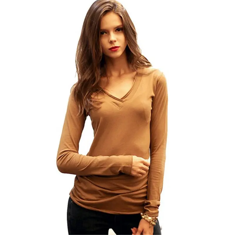Slim Basic T Shirts Oversized Cotton Women T Shirt Sexy V Neck Long Sleeve Basic Top Lady Casual Solid Tee Shirts Xxl 6
