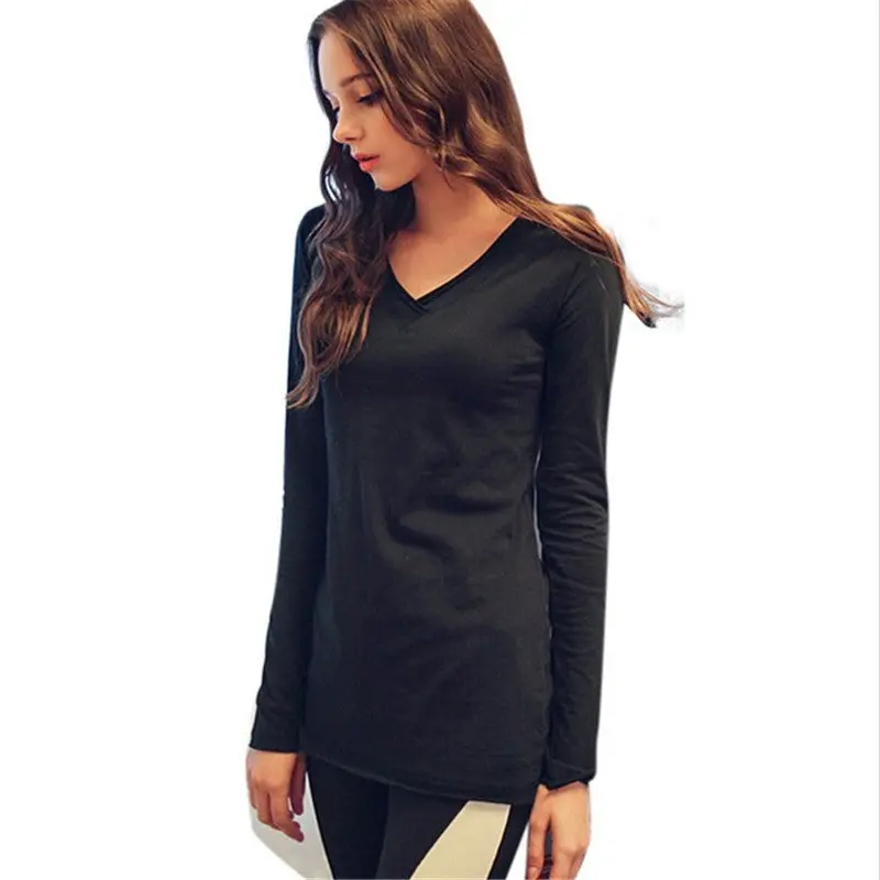 Slim Basic T Shirts Oversized Cotton Women T Shirt Sexy V Neck Long Sleeve Basic Top Lady Casual Solid Tee Shirts Xxl 8