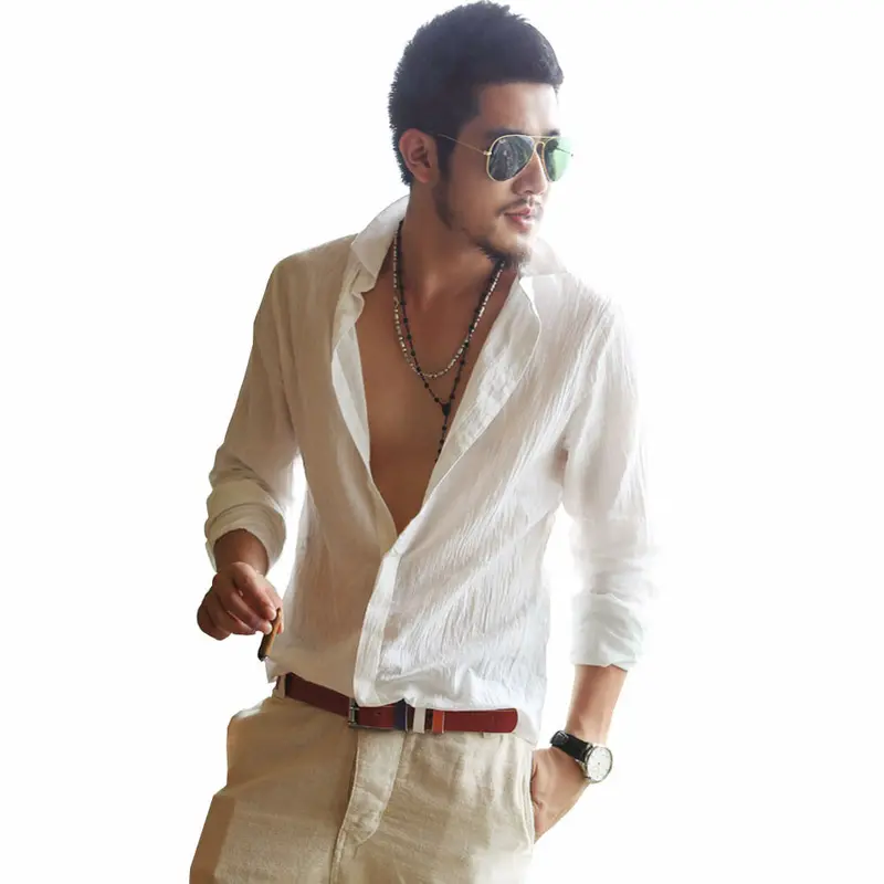 Slim Casual Men's Linen Turn Down Collar Single Slim Leisure Shirt 1