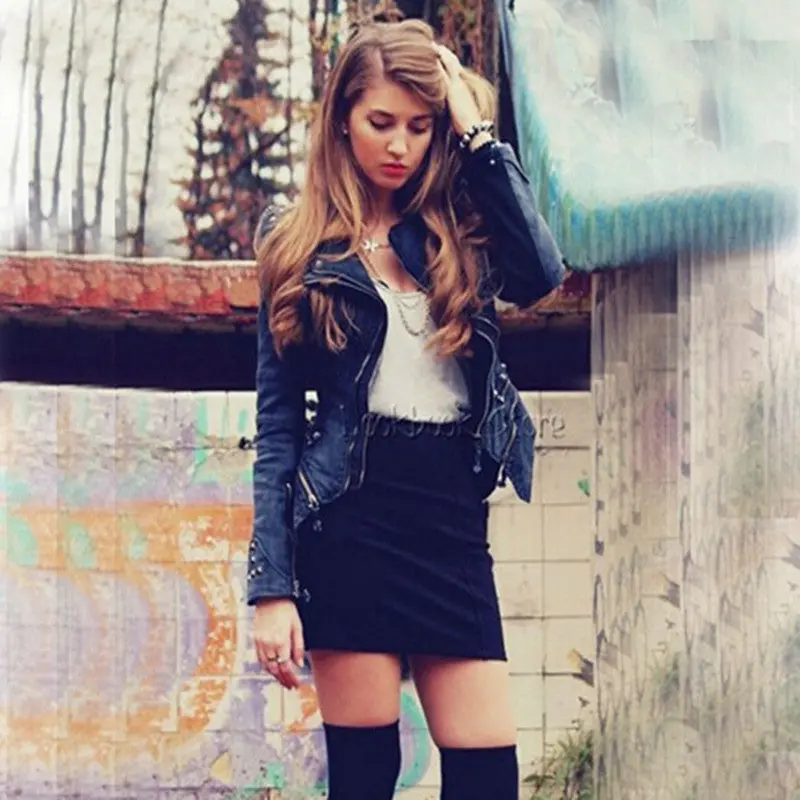 Slim Fit Denim Jacket Rivets Shrug Shoulder Pads Biker Short Jeans Jacket Doulbe Lapel Zipper Exposed Asymmetric Coat 3 Colors 5