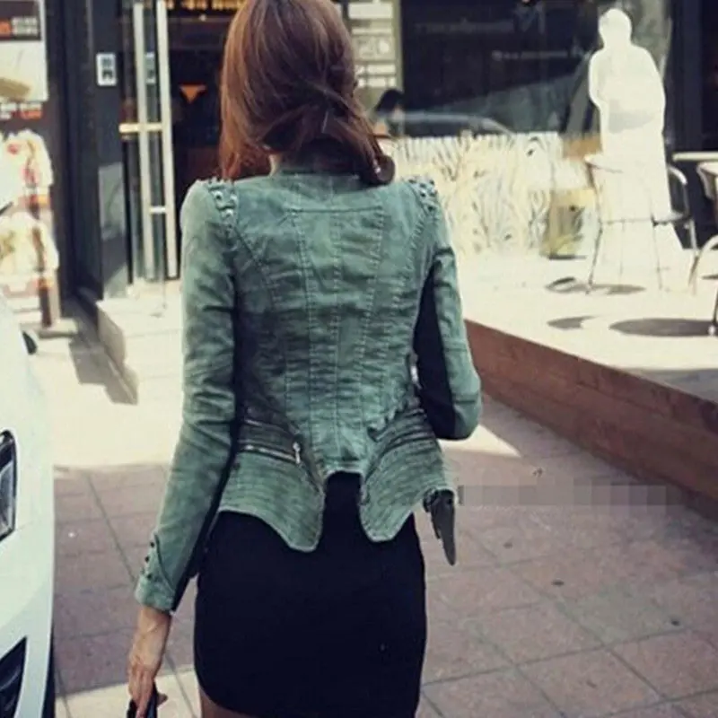Slim Fit Denim Jacket Rivets Shrug Shoulder Pads Biker Short Jeans Jacket Doulbe Lapel Zipper Exposed Asymmetric Coat 3 Colors 6