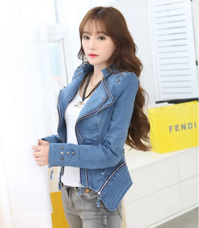 Slim Fit Denim Jacket Rivets Shrug Shoulder Pads Biker Short Jeans Jacket Doulbe Lapel Zipper Exposed Asymmetric Coat 3 Colors 8