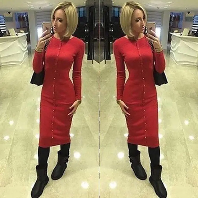 Slim-Fit Knit Button Dress – Vintage-Inspired Long-Sleeve O-Neck Bodycon