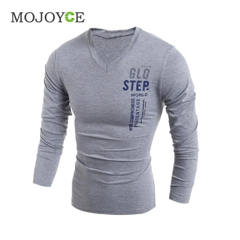 Slim-Fit Long-Sleeve Cotton Tee for Men – V-Neck Casual Shirt with Subtle Letter Print Design