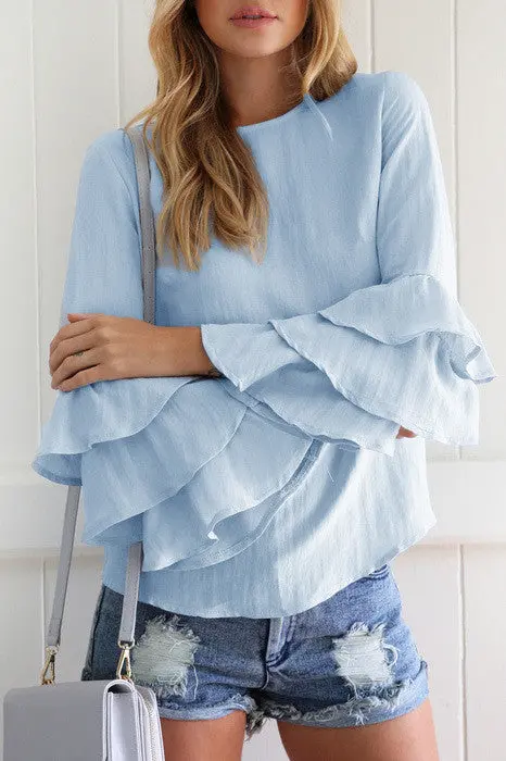 Slim Fit Skyblue Shirts Casual Solid Ruffle Sleeve Thin Blouse Plus Size Women's Round Neck Tops Blusa Lx104 1