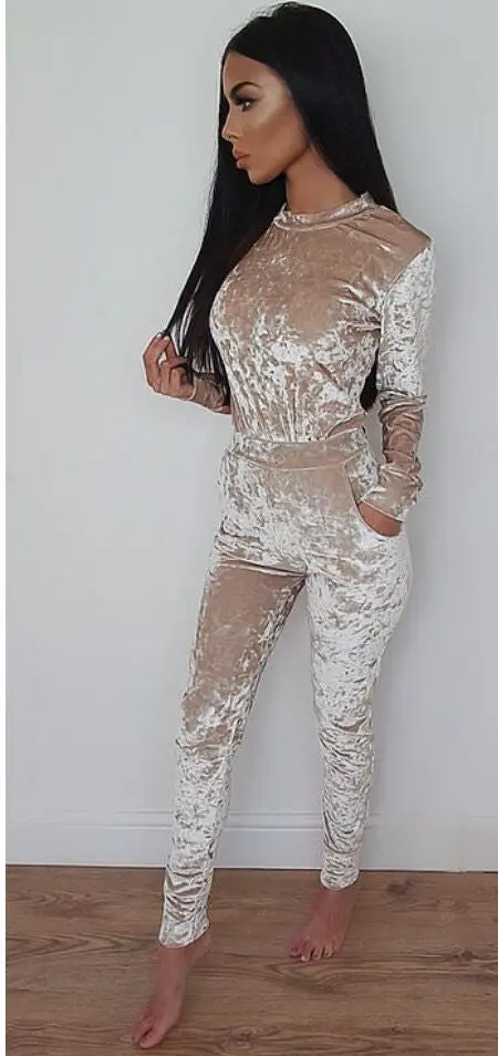 Slim-Fit Turtleneck Velvet Jumpsuit with Full-Length Pants