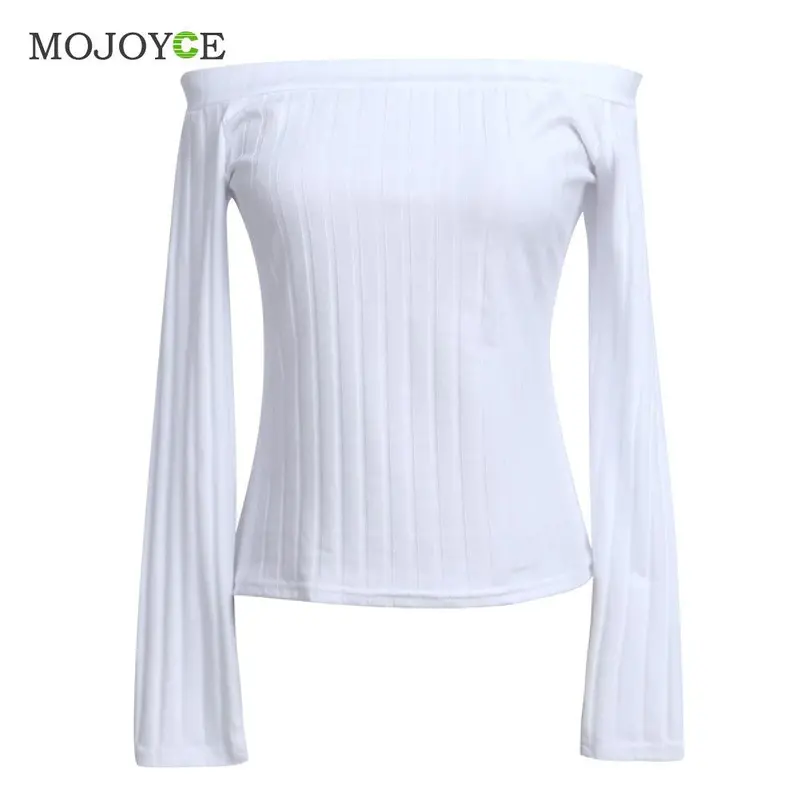 Slim T Shirt Women Off Shoulder Shirt Crop Top Long Sleeve Knitting Blusa Tee Shirt Femme Cropped Camisas Femininas 1