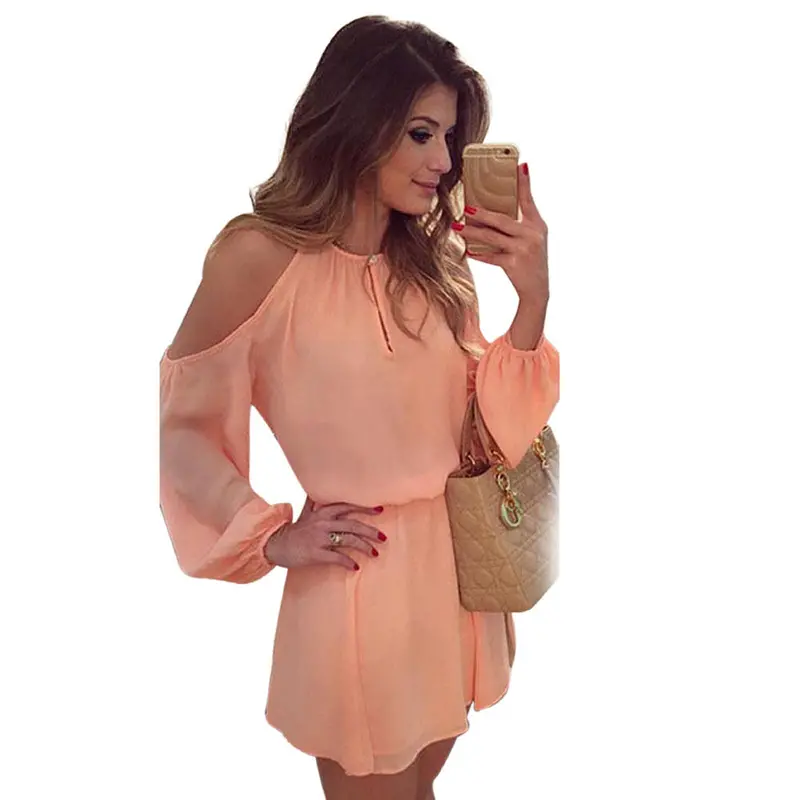 Slim Women Dress Chiffon Hollow Out Women Dress Boho Fa Vestido Pink 1