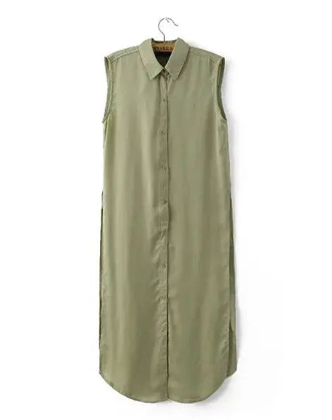 Slit Side Back Flower Embroidery Shirt Women Lapel Silk Long Blouse Sleeveless Tops Blusas Femme Army Green 1