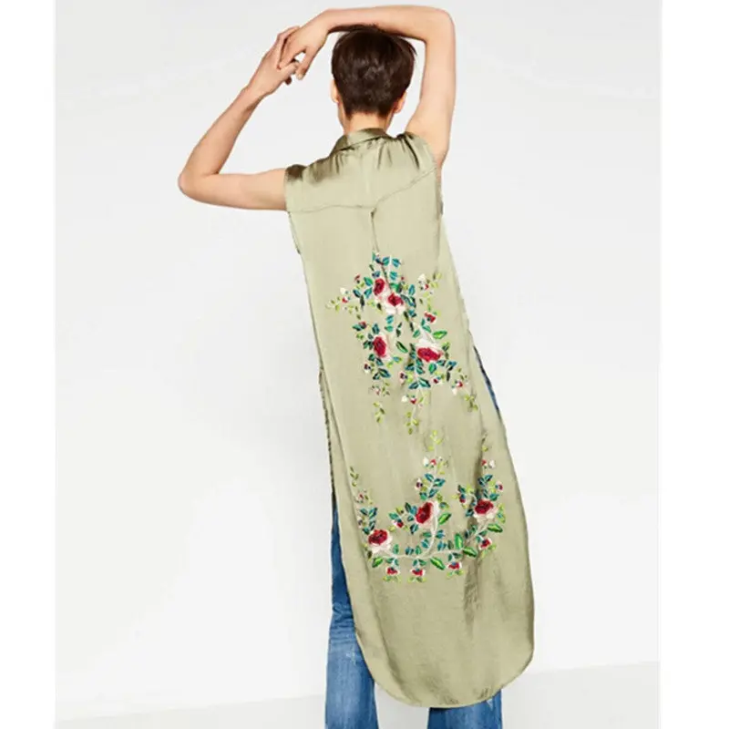 Slit Side Back Flower Embroidery Shirt Women Lapel Silk Long Blouse Sleeveless Tops Blusas Femme Army Green 2