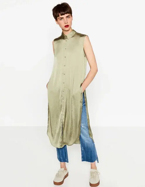 Slit Side Back Flower Embroidery Shirt Women Lapel Silk Long Blouse Sleeveless Tops Blusas Femme Army Green 3