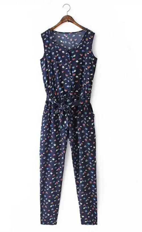 Small Floral Print Sleeveless Slim Overalls Coverall Long Pants With Sashes Rompers Women's Jumpsuit Bodysuit 1