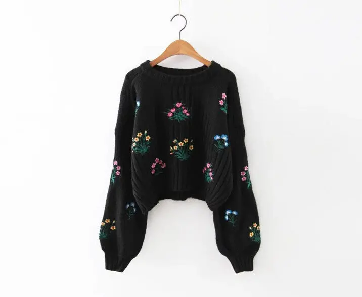 Small Flower Embroidery Sweater Retro Women O Neck Long Lantern Sleeve Knitwear Jumper Pullover Kleding Jerseis Mujer Femme 1