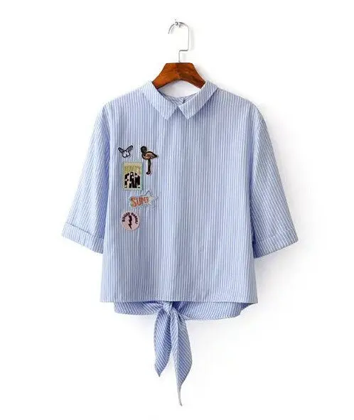 Small Lapel Striped Print Embroidery Shirt Women O Neck Bandage Bow Back Femme Loose Blouse Tops S M L 1