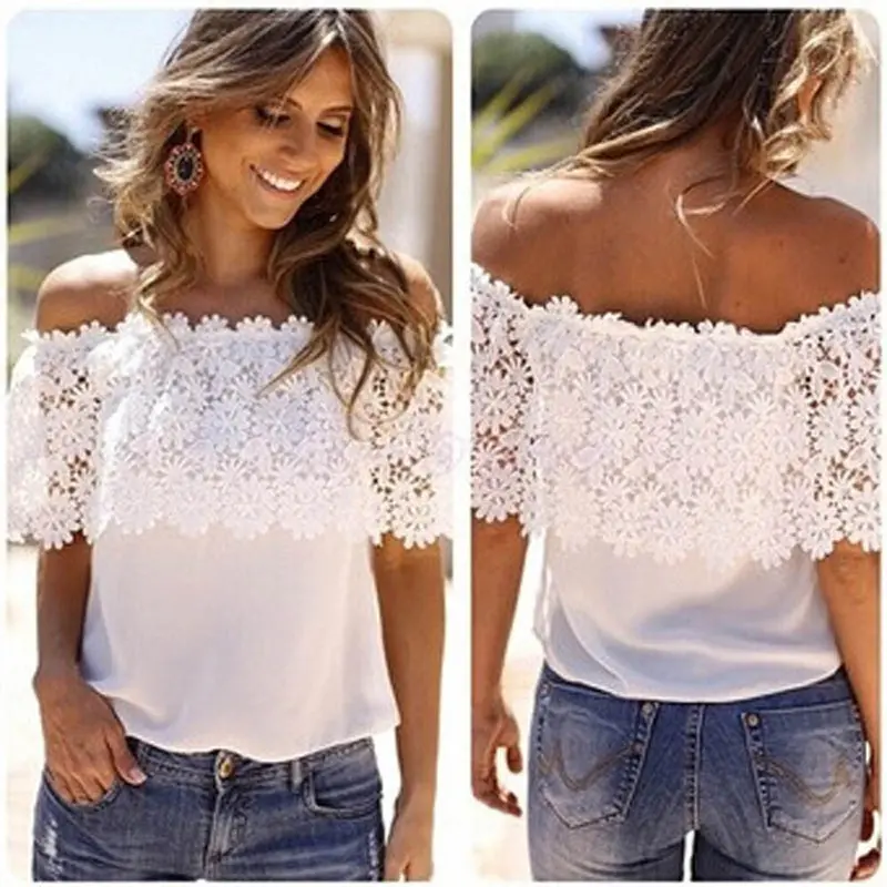 Sold Casual Women Sexy Beach Chiffon Elegant Tops Off Shoulder Stitching Lace Loose Short Sleeve T-Shirt S-Xxxl Size 1