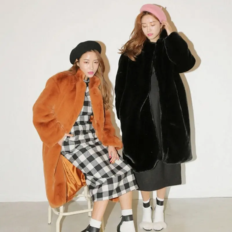 Solid Color Hairy Shaggy Faux Fur Coat Woman Lapel Faux Rex Rabbit Fur Long Coats Warm Outerwear 1