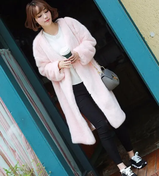 Solid Color Hairy Shaggy Faux Fur Coat Woman V Neck Faux Fur Long Coats Warm Outerwear 3 Colors 7