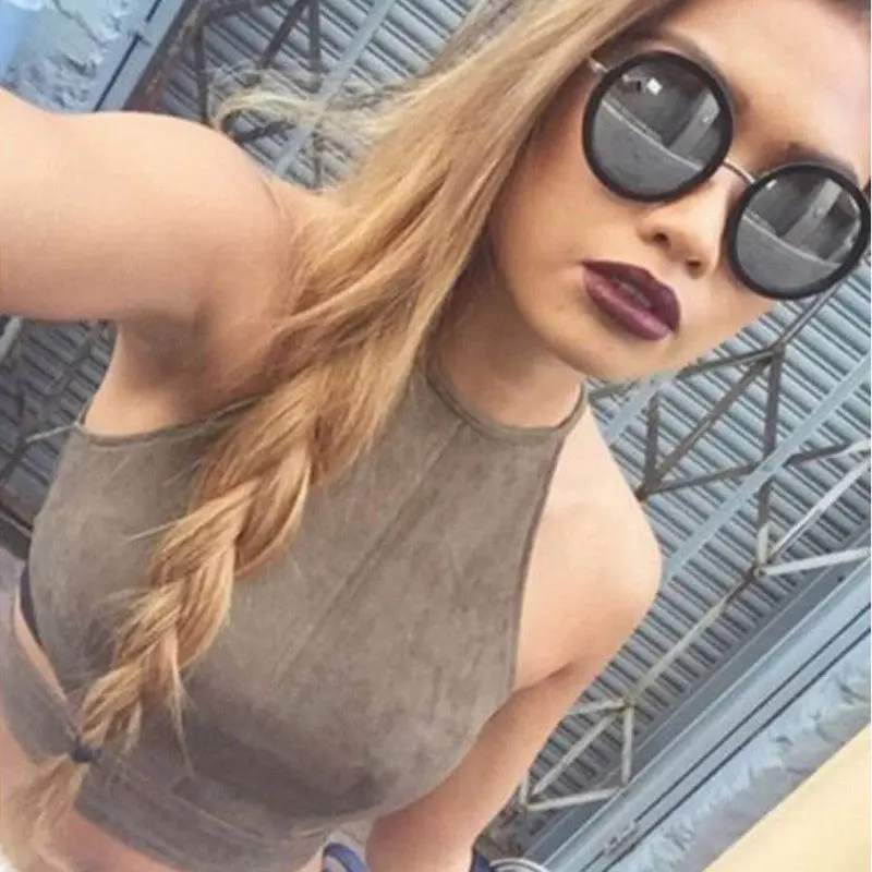 Solid Color Halter Sleeveless Shirt Women Suede Fabric Tank Top Khaki Crop Tops Blusa Cropped 1