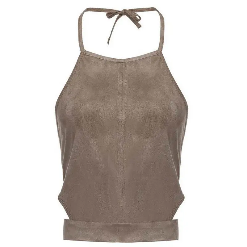 Solid Color Halter Sleeveless Shirt Women Suede Fabric Tank Top Khaki Crop Tops Blusa Cropped 2