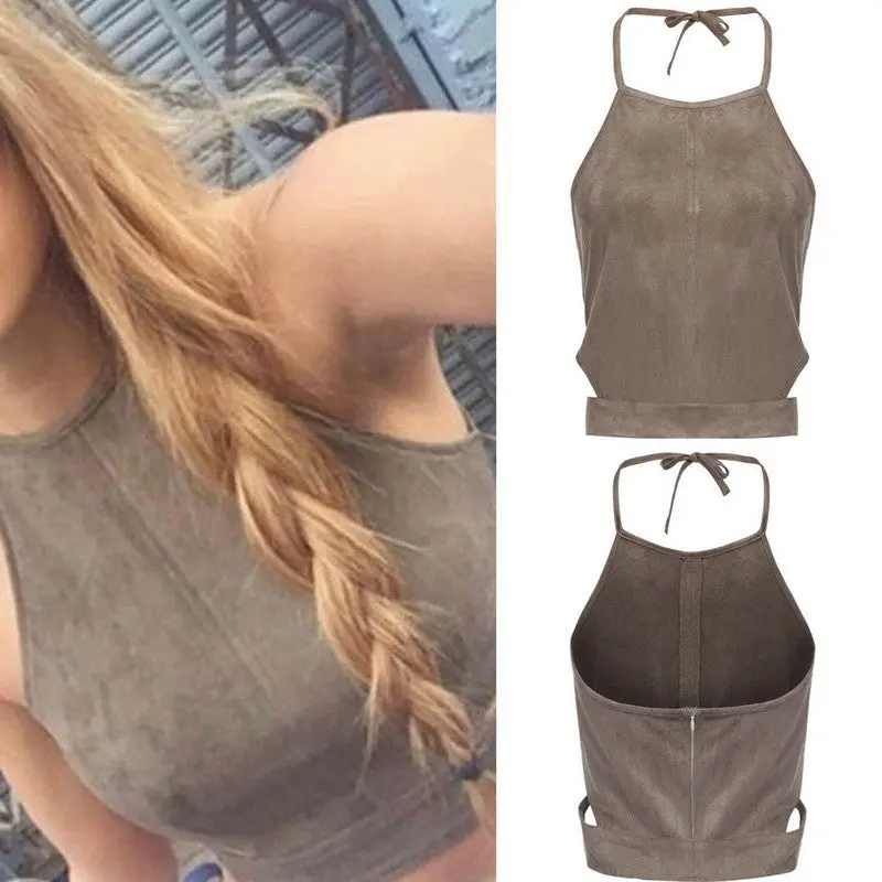 Solid Color Halter Sleeveless Shirt Women Suede Fabric Tank Top Khaki Crop Tops Blusa Cropped 3