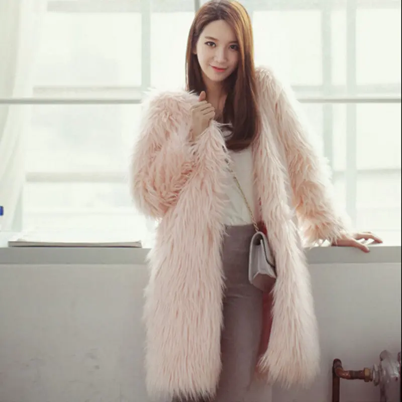 Solid Color Long Hairy Shaggy Faux Fox Fur Coat Women V Neck Faux Fur Long Coats Warm Outerwear 2