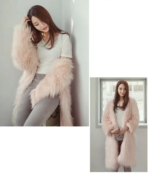 Solid Color Long Hairy Shaggy Faux Fox Fur Coat Women V Neck Faux Fur Long Coats Warm Outerwear 4