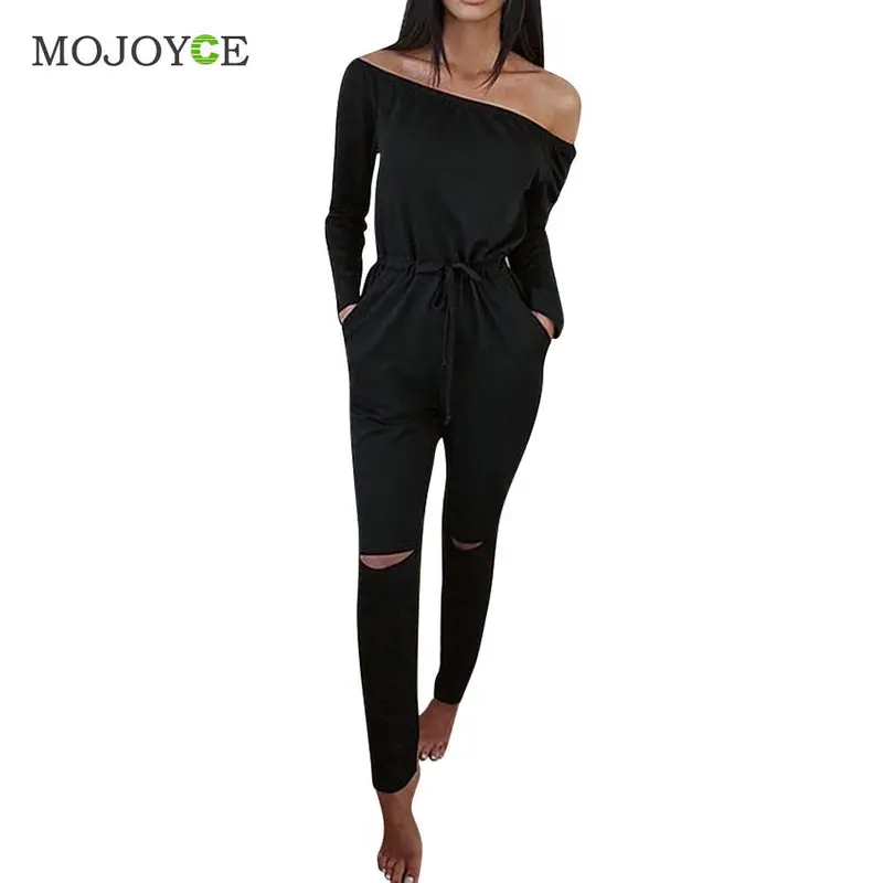 Solid Color Rompers Womens Jumpsuit Off Shoulder Long Sleeve Clubwear Hole Knees Playsuit Womenbodysuit Combinaison Femme 1