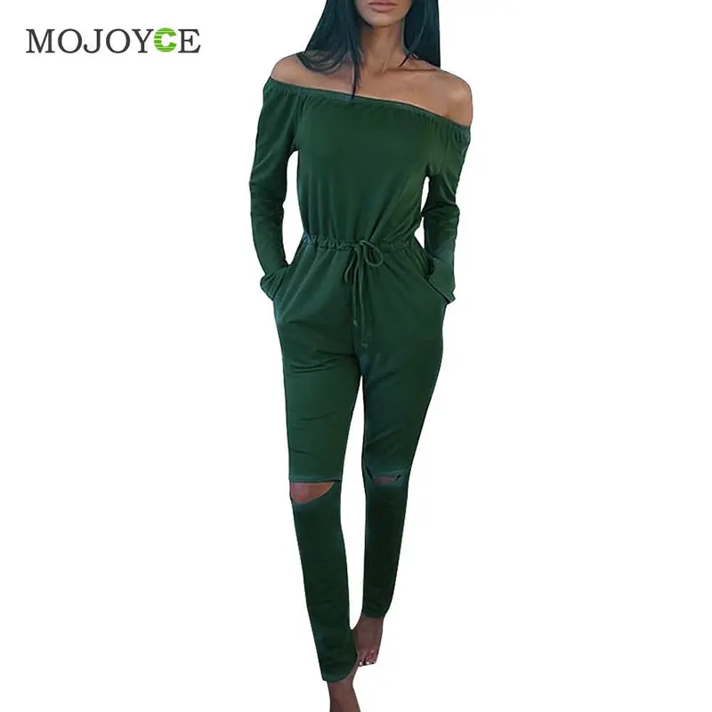Solid Color Rompers Womens Jumpsuit Off Shoulder Long Sleeve Clubwear Hole Knees Playsuit Womenbodysuit Combinaison Femme 4