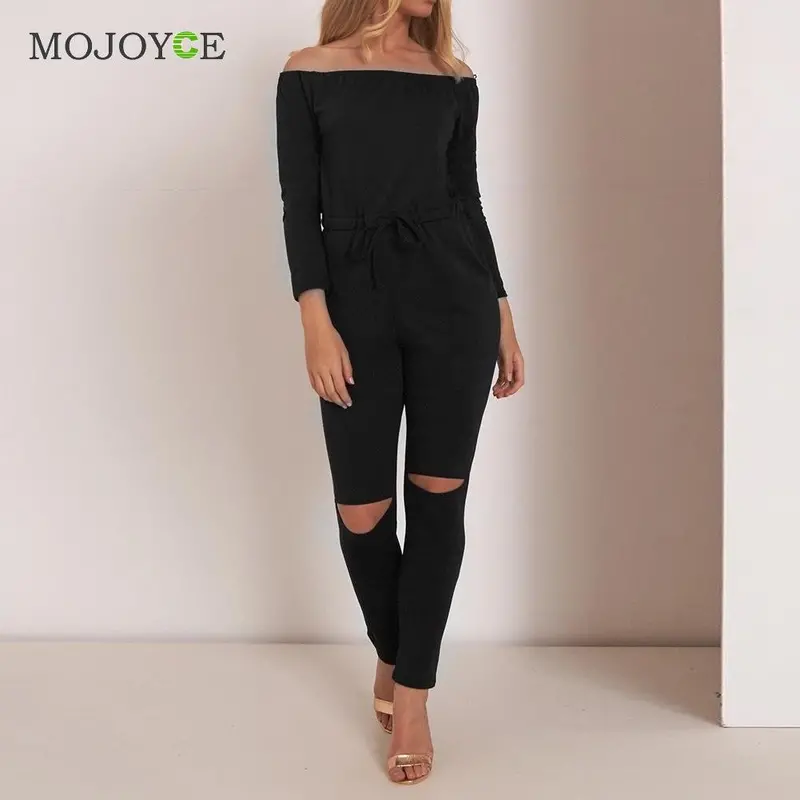 Solid Color Rompers Womens Jumpsuit Off Shoulder Long Sleeve Clubwear Hole Knees Playsuit Womenbodysuit Combinaison Femme 4