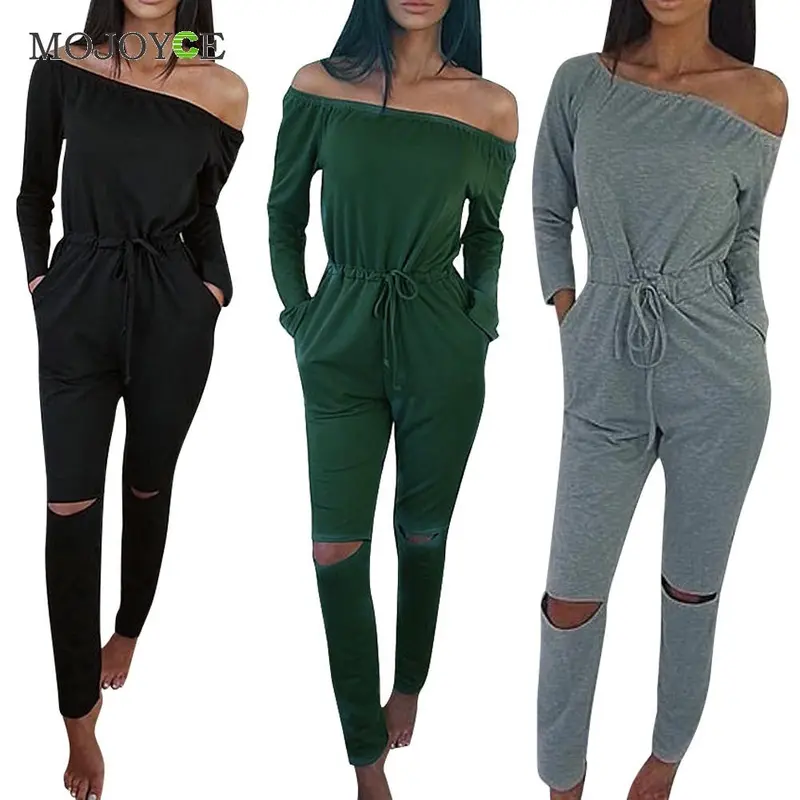 Solid Color Rompers Womens Jumpsuit Off Shoulder Long Sleeve Clubwear Hole Knees Playsuit Womenbodysuit Combinaison Femme 5