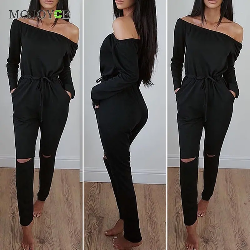 Solid Color Rompers Womens Jumpsuit Off Shoulder Long Sleeve Clubwear Hole Knees Playsuit Womenbodysuit Combinaison Femme 6
