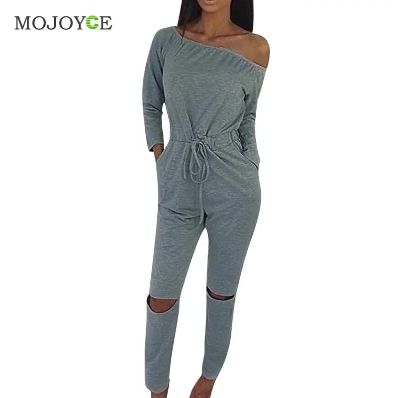 Solid Color Rompers Womens Jumpsuit Off Shoulder Long Sleeve Clubwear Hole Knees Playsuit Womenbodysuit Combinaison Femme 7