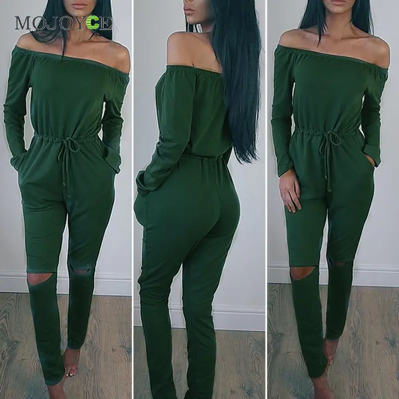 Solid Color Rompers Womens Jumpsuit Off Shoulder Long Sleeve Clubwear Hole Knees Playsuit Womenbodysuit Combinaison Femme 7