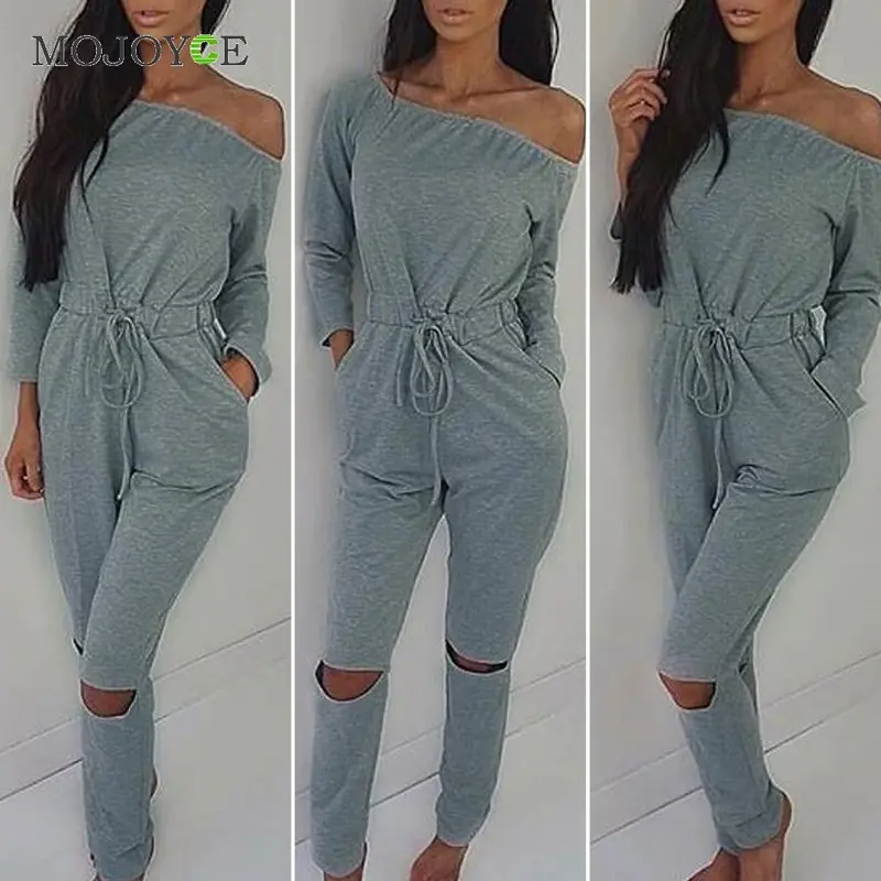 Solid Color Rompers Womens Jumpsuit Off Shoulder Long Sleeve Clubwear Hole Knees Playsuit Womenbodysuit Combinaison Femme 8