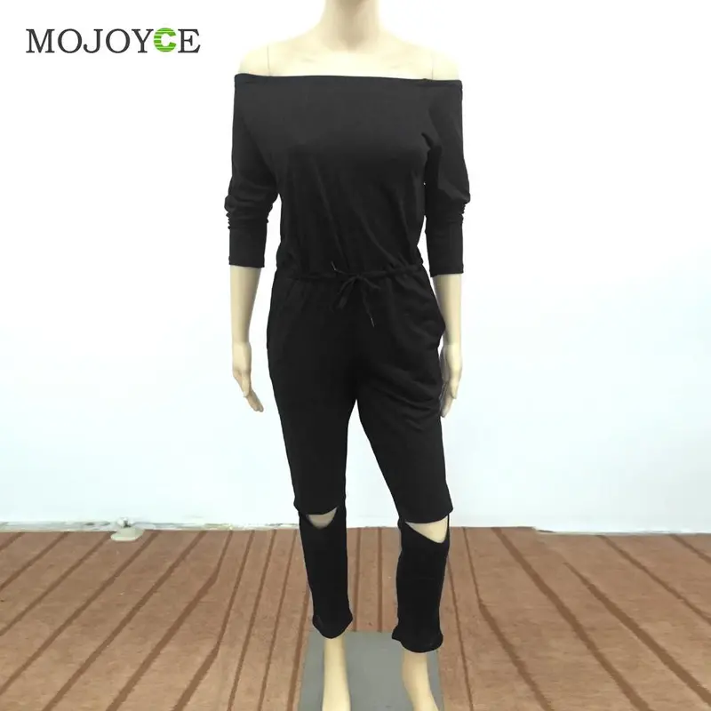 Solid Color Rompers Womens Jumpsuit Off Shoulder Long Sleeve Clubwear Hole Knees Playsuit Womenbodysuit Combinaison Femme 9