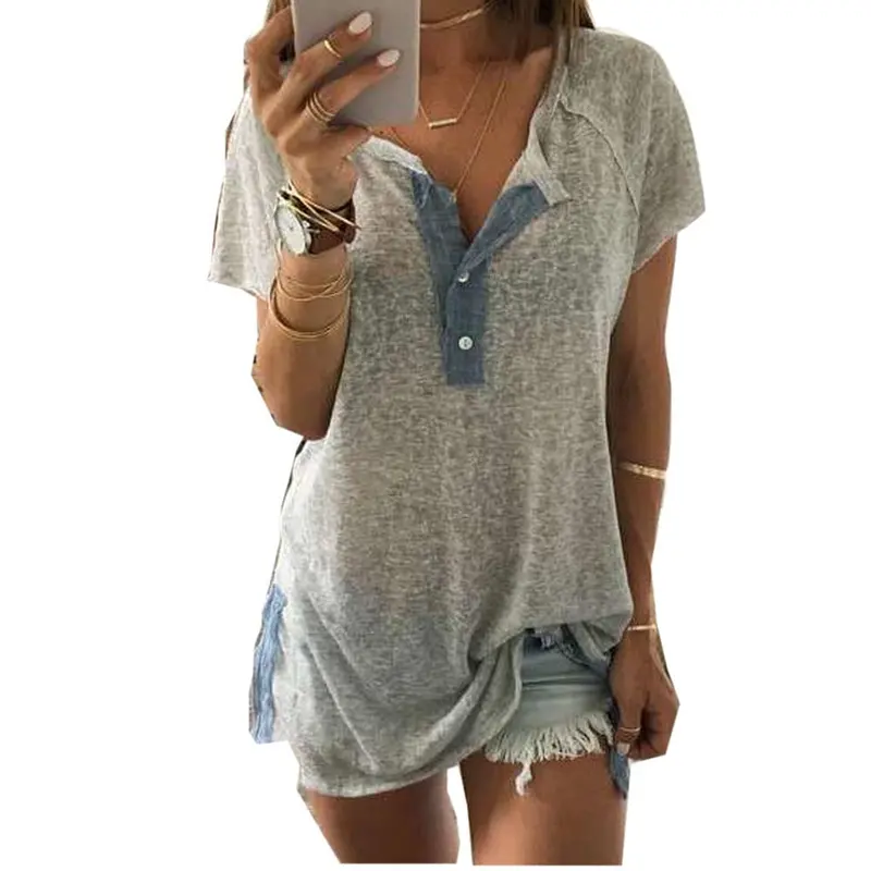 Solid Color Short Sleeve Women Tshirts Casual Tops Blusas Loose Casual Button Tees 1
