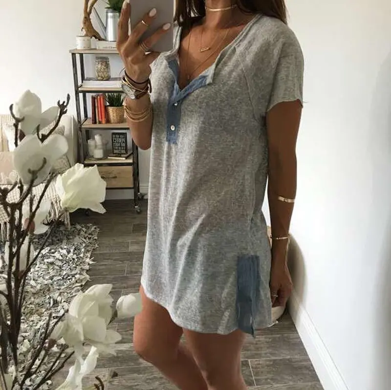 Solid Color Short Sleeve Women Tshirts Casual Tops Blusas Loose Casual Button Tees 2