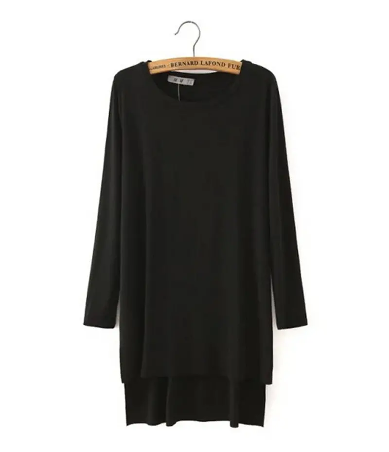 Solid Color / Striped Pattern Print Split Side Asymmetry Casual Long T- Shirt Women's O Neck Long Sleeve Tee Tops 1