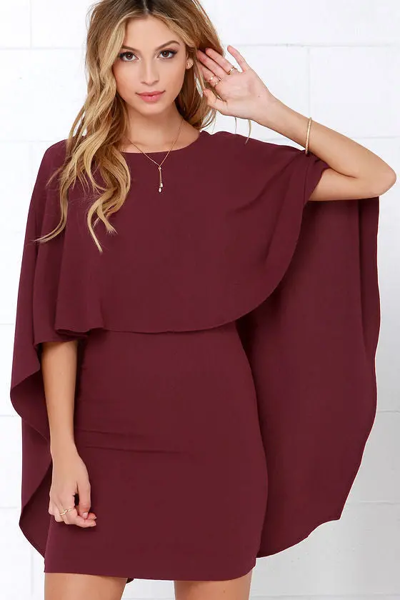 Solid Deep-V Backless Poncho Dress – Hollow-Out Evening Clubwear Style