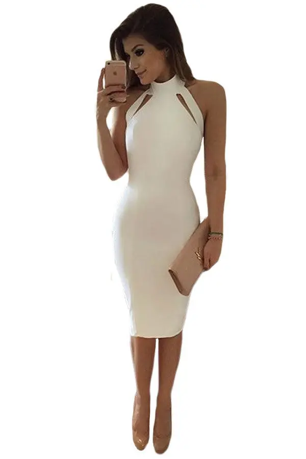 Solid Elegant White Midi Dress Sleeveless Turtleneck Bodycon Dress Club Sexy Off Shoulder Evening Short Party Dresses 1