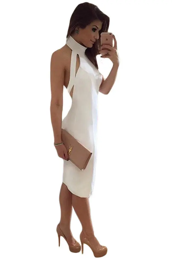 Solid Elegant White Midi Dress Sleeveless Turtleneck Bodycon Dress Club Sexy Off Shoulder Evening Short Party Dresses 3