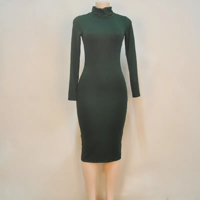Solid Long-Sleeve Bodycon Dress – Warm, Slim-Fit Evening Dress for Women