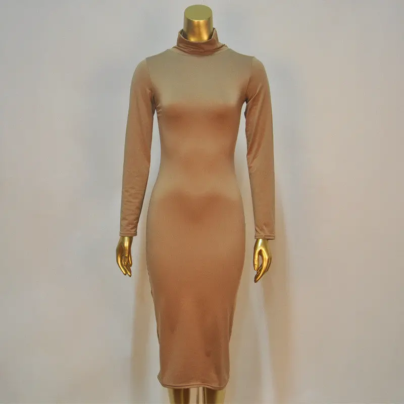 Solid Long-Sleeve Bodycon Dress – Warm, Slim-Fit Evening Dress for Women
